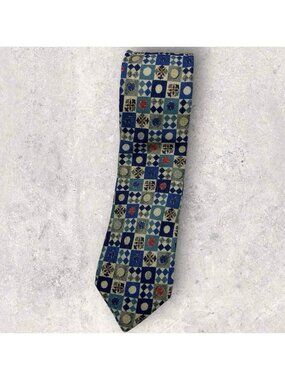MASSIMO BIZZOCCHI Silk Tie ITALY XL Blue Ivory Geometric W:3.4" EUC